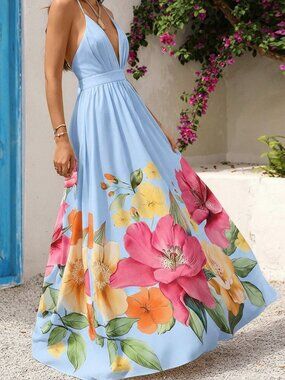 Dusty Blue Boho Women's Floral Backless Halter Maxi Sundress